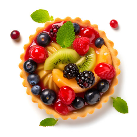 Tart with fruits and berries isolated on white background, top viewの素材