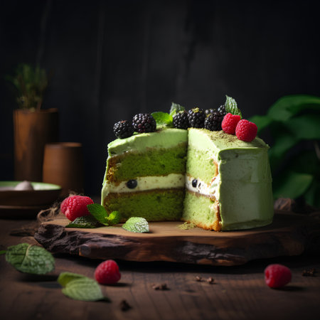 Green tea cake with raspberries, blackberries and mint.の素材