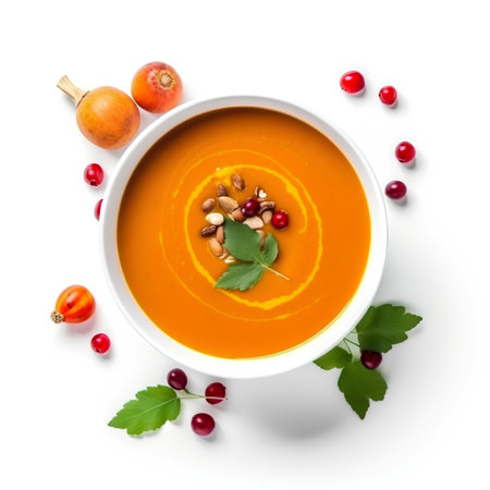 Pumpkin soup with cranberries and cream isolated on white backgroundの素材