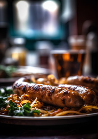 Grilled sausages with vegetables on a plate. Selective focus.の素材