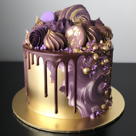 Easter cake with chocolate and purple eggs on a black background.の素材