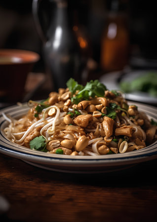 Chinese noodle with cashew nuts and cilantro on wooden tableの素材