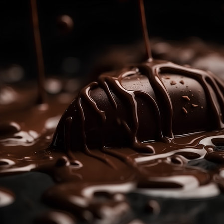 close up of chocolate pieces falling on a dark background with shallow depth of fieldの素材