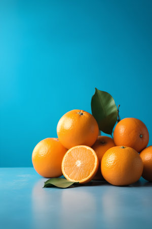 Fresh oranges with leaves on blue background. Copy space for text.の素材