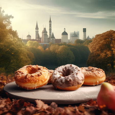 donuts on the background of the city and autumn leaves. toningの素材