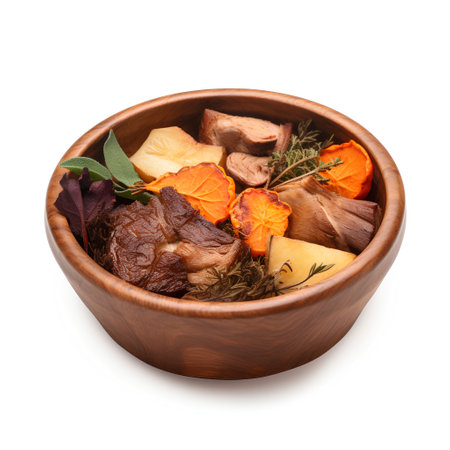 Wooden bowl with dried fruits and herbs isolated on white background.の素材