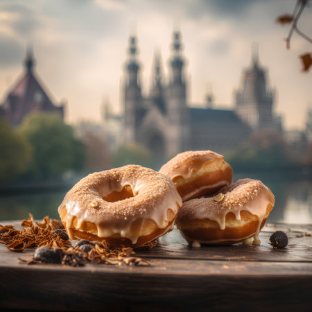 Donuts on a wooden table in front of the background of the Cathedral of the Assumption of the Blessed Virgin Mary.の素材