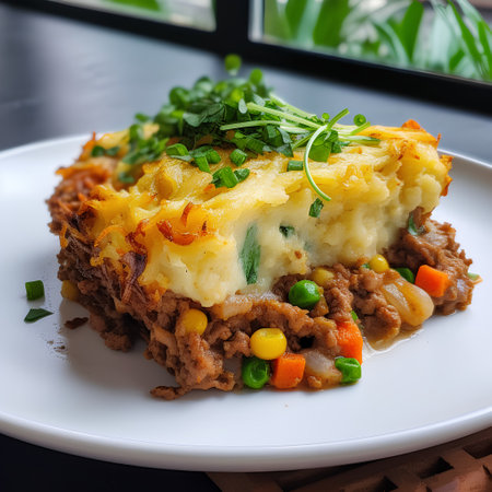 Potato casserole with beef and vegetables on a white plateの素材