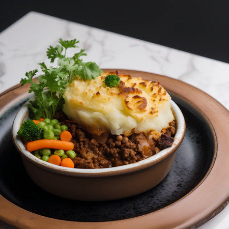 minced meat with mashed potatoes and vegetables on a dark background.の素材