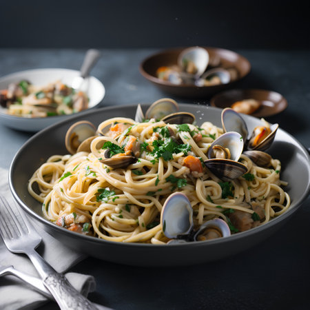 Seafood pasta with clams, mussels and parsleyの素材