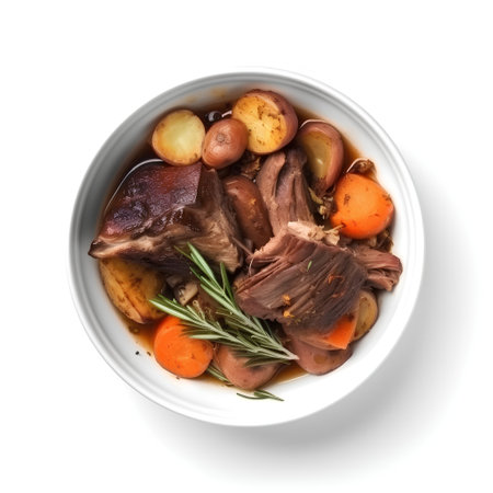 A bowl of lamb stew with potatoes and carrots isolated on white backgroundの素材