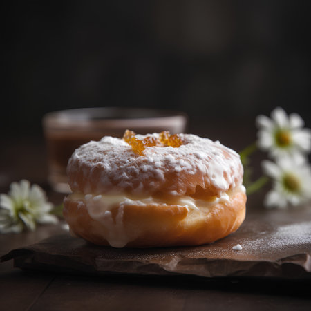 Sweet donuts with cream and caramel on a dark wooden background.の素材