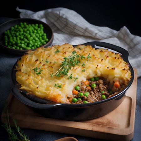 Potato casserole with beef and green peas on black backgroundの素材