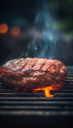 Beef hamburger cooking on barbecue grill with fire and smoke.の素材