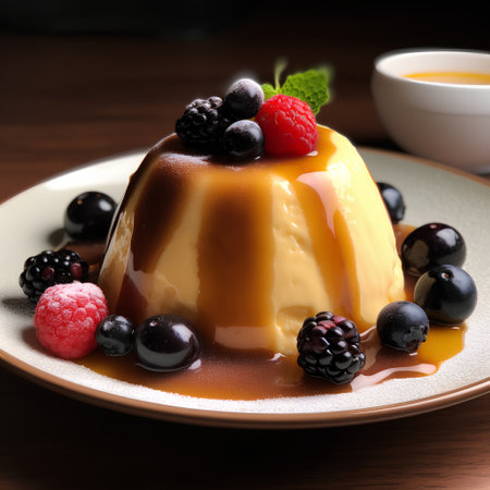 Panna cotta with caramel sauce and berries on a wooden tableの素材