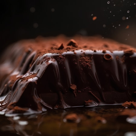 Chocolate cake with splashes of chocolate on a black background.の素材