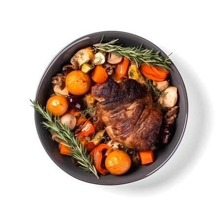 Bowl of meat with vegetables. Isolated on a white background.の素材