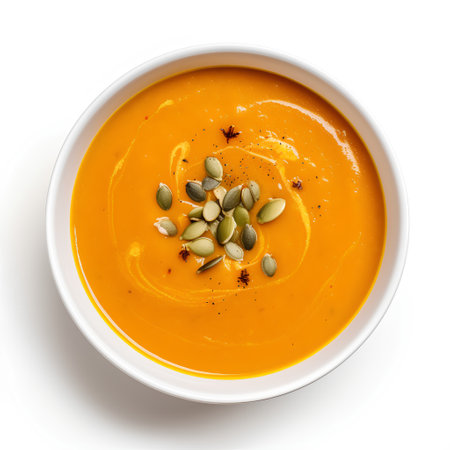 Pumpkin soup in bowl isolated on white background, top viewの素材