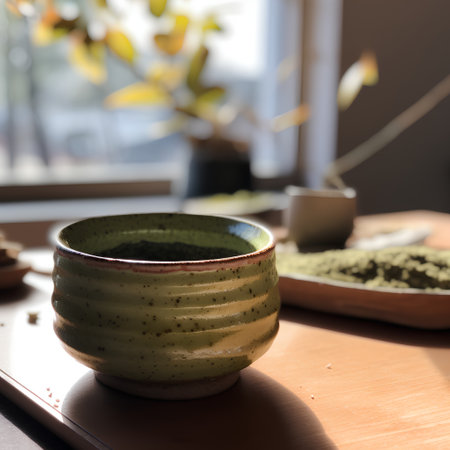 Japanese matcha green tea in a ceramic bowl on a wooden tableの素材