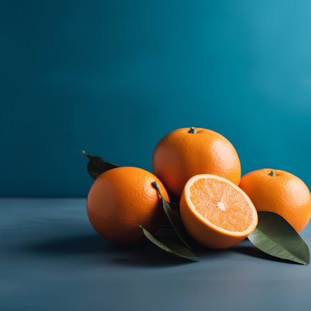 Ripe orange with leaves on blue background. Copy space for text.の素材