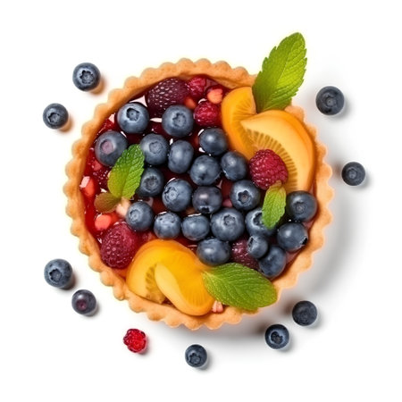 Delicious tartlets with fresh berries on white background, top viewの素材