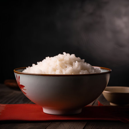 Cooked rice in a bowl on a dark background. Selective focus.の素材