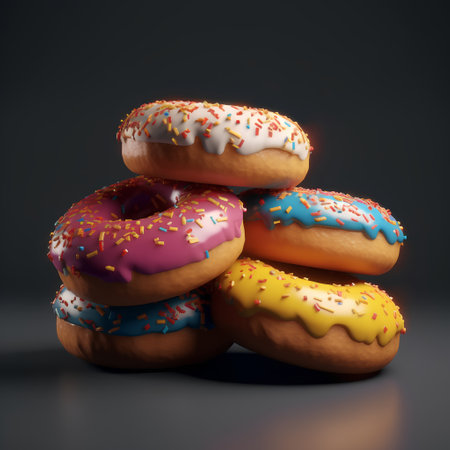 Donuts with glaze and sprinkles on a dark background. 3d renderingの素材