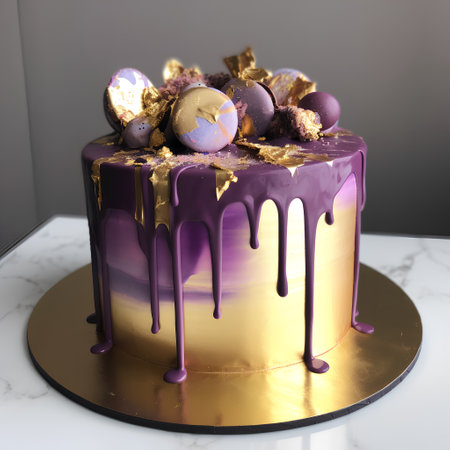 Easter cake with purple and gold eggs on a marble background.の素材
