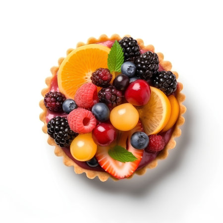 Delicious tartlets with berries and fruits on white background, top viewの素材
