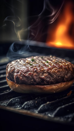 Beef burger on a grill pan with flames in the background.の素材