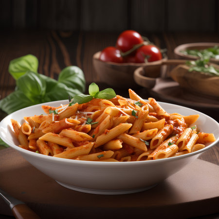 Pasta penne with tomato sauce and herbs on a wooden backgroundの素材
