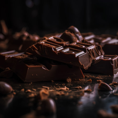 Dark chocolate pieces and cocoa powder on a dark background. Selective focus.の素材