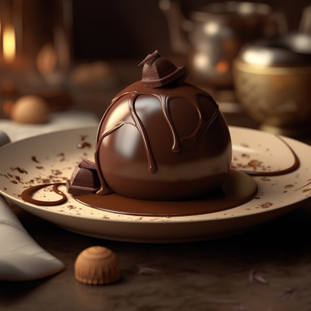 Chocolate truffles on a plate with candles in the backgroundの素材