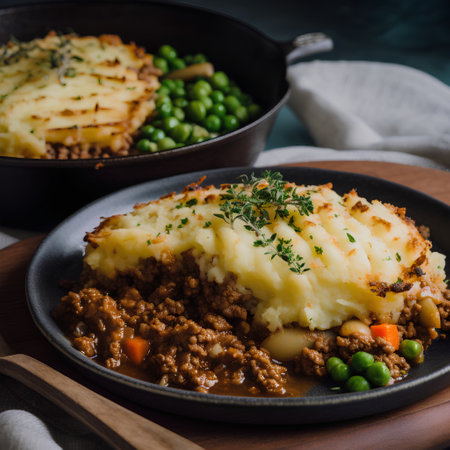 Mashed potatoes with bolognese sauce and fresh green peasの素材
