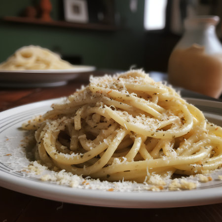 Spaghetti carbonara with grated parmesan cheese, selective focusの素材