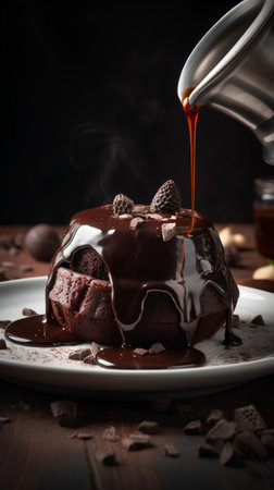 Chocolate Souffle with melted chocolate on a black background.の素材