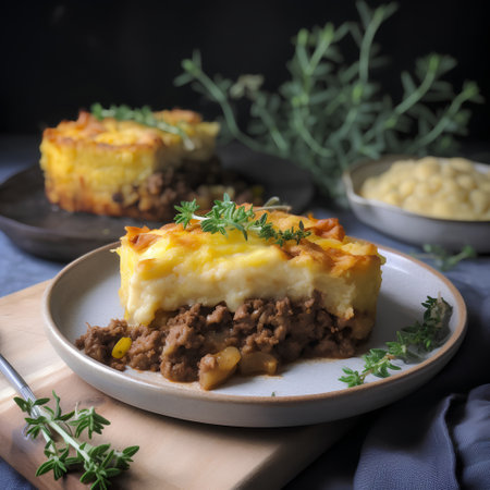 Potato casserole with minced meat and cheese on a plateの素材