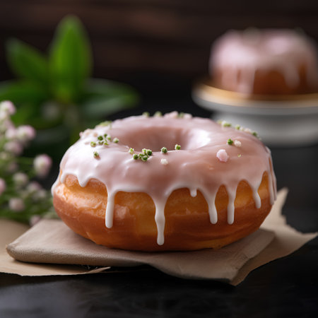 Delicious donut with pink glaze on dark wooden background.の素材