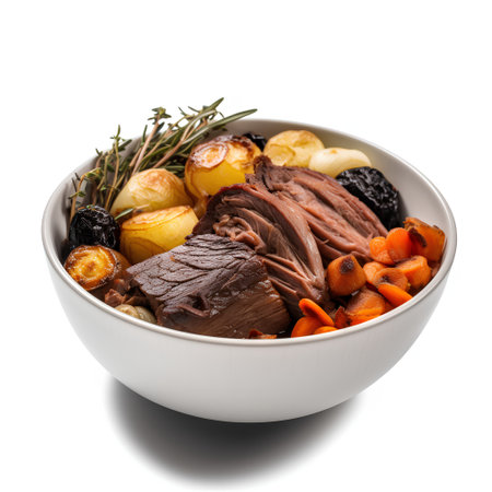 Beef stew with vegetables in a bowl isolated on white background.の素材