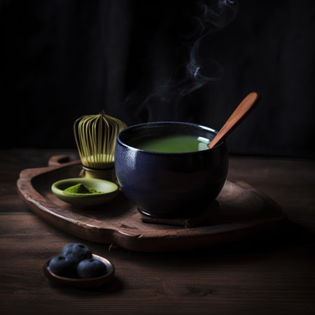 Green matcha tea in a bowl and whisk on a wooden tableの素材