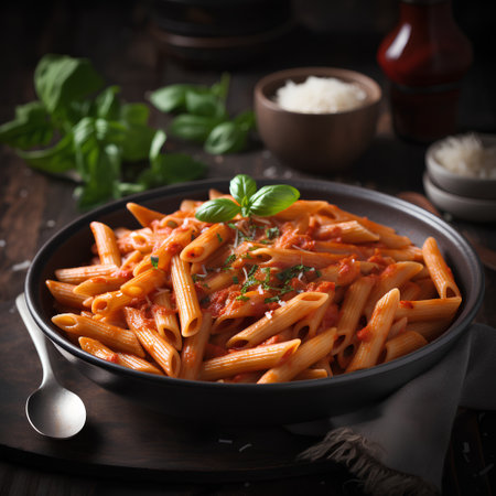 Penne pasta with tomato sauce and parmesan cheese, selective focusの素材