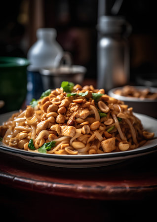stir fried noodles with cashew nuts on a plate, selective focusの素材