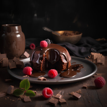 Chocolate cake with raspberries and mint on a dark backgroundの素材