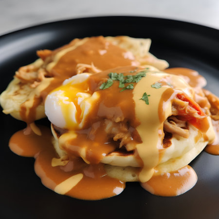 Pancakes with chicken, eggs and sauce on a black plateの素材