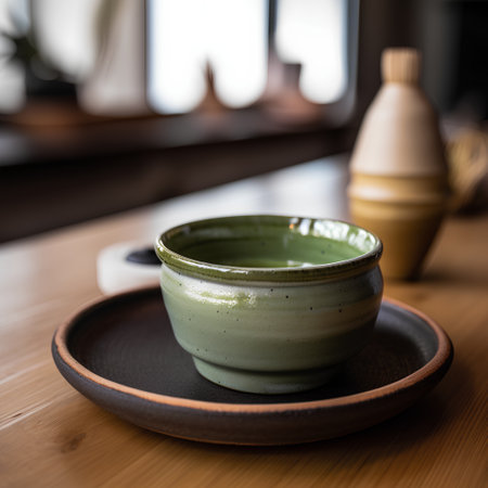 Japanese green tea in a ceramic bowl on a wooden table in a cafeの素材