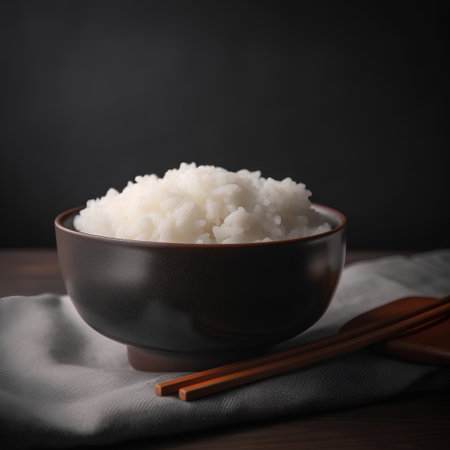Cooked white rice in a ceramic bowl with chopsticks on a dark backgroundの素材