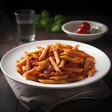Penne pasta with tomato sauce and parmesan cheese on wooden tableの素材