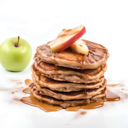 Stack of pancakes with apple and maple syrup isolated on white background.の素材
