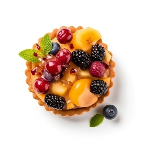 Tart with fruits and berries isolated on white background, top viewの素材