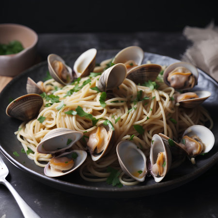 Spaghetti with clams and parsley on a dark background.の素材